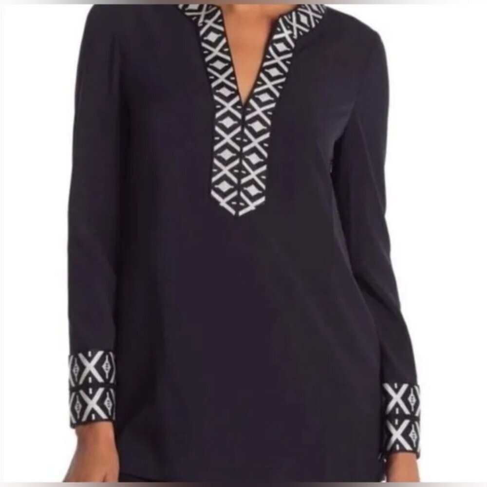 TORY BURCH ARIANA V Neck Tunic with Taping Blouse Embroidered Knit Trim Size 4